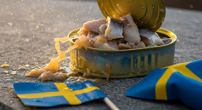 Sweden - Surstr&ouml;mming in a can (Exploding fermented herring). bulging surstr&ouml;mming can, pressurized brine spraying, slimy herring chunks 
