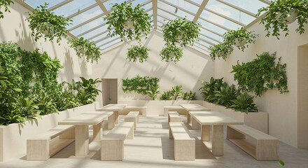 Verdant Interior with Tables, Benches, and a Glass Roof Allowing Natural Light