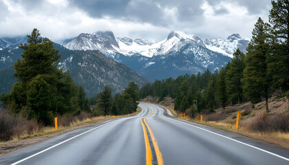 Fototapeta premium Majestic Mountain Road Under Cloudy Skies With Snow-Capped Peaks Visible in the Background