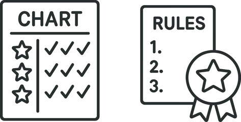 Chart and rules icons with stars and checklist symbols