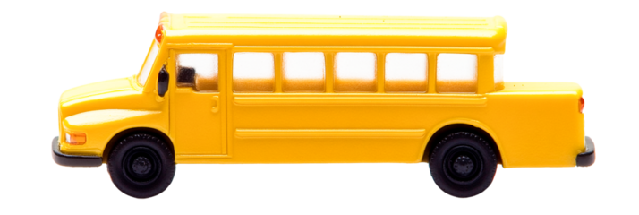 Yellow school bus toy model, side view, isolated, transparent background, children's transportation, playful, cheerful, education, vehicle, miniature
