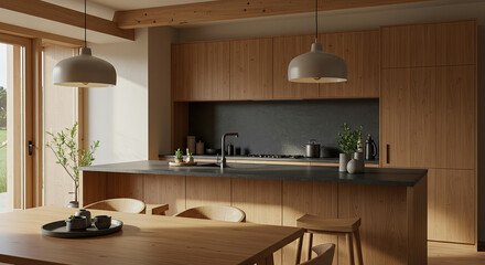 Warm Modern Kitchen Interior with Wood Cabinets and Dining Area in Natural Light