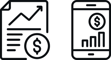 Financial growth icons: document and smartphone with dollar symbols and graphs