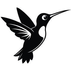 Black silhouette of a hummingbird with spread wings gracefully hovers in nature