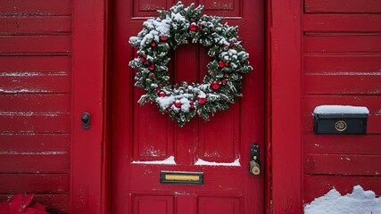 Festive Red Door Adorned with Christmas Wreath and Poinsettia Accents
