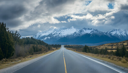 Majestic Mountain Road Under Cloudy Skies With Snow-Capped Peaks Visible in the Background