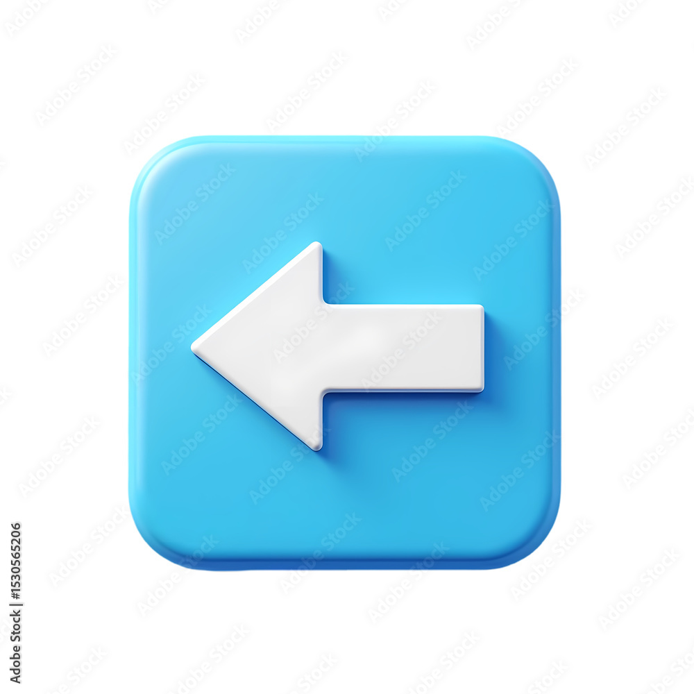 Aufkleber white arrow pointing left on a blue square rounded button isolated on white background