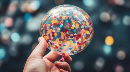 A transparent balloon filled with colorful confetti is being held
