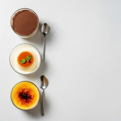 An elegant dessert flight featuring tiramisu, panna cotta, and crème brûlée, showcasing classic European patisserie
