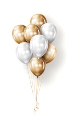 A bunch of white and gold balloons, vector illustration, white background, high resolution, professional photograph, clean sharp focus, highly detailed, monochromatic color scheme