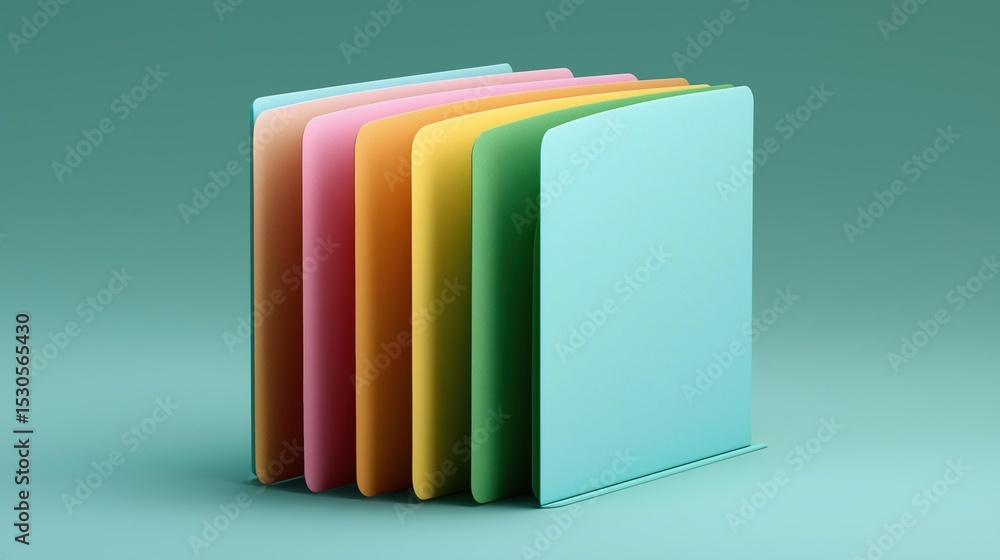 Poster stack of colorful folders on a light blue background. the folders are arranged in a vertical line, w