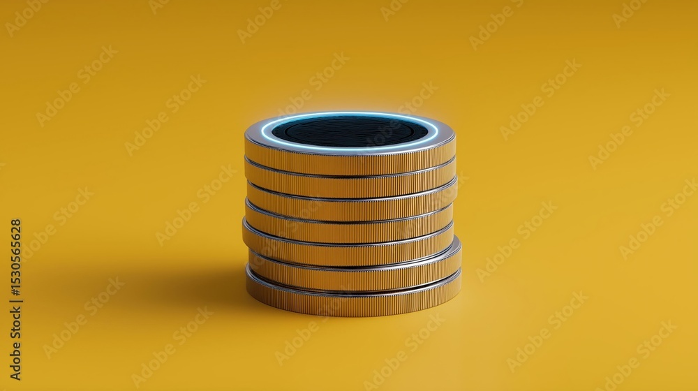 Poster stack of coins on a yellow background. the coins are arranged in a cylindrical shape with a black li