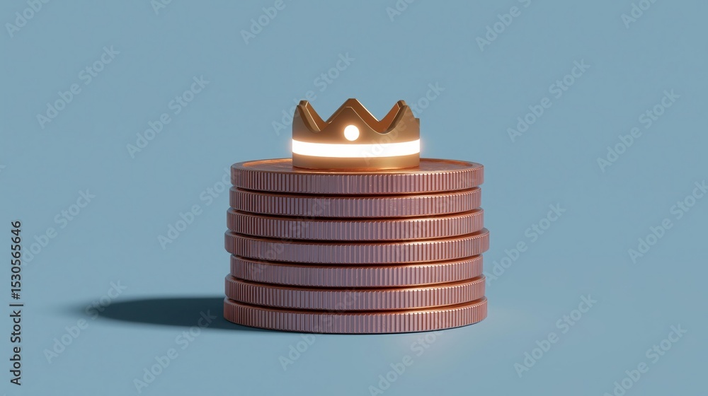 Poster stack of coins with a golden crown on top. the coins are arranged in a pyramid-like structure, with 