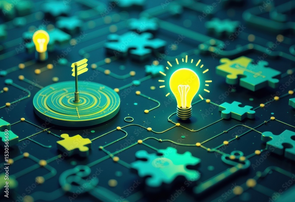 Poster bright light bulb illuminating a puzzle piece network with a target