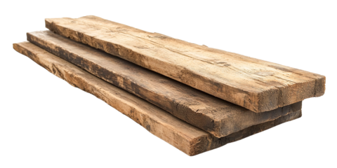 Three rustic reclaimed wood planks, stacked, isolated, transparent background