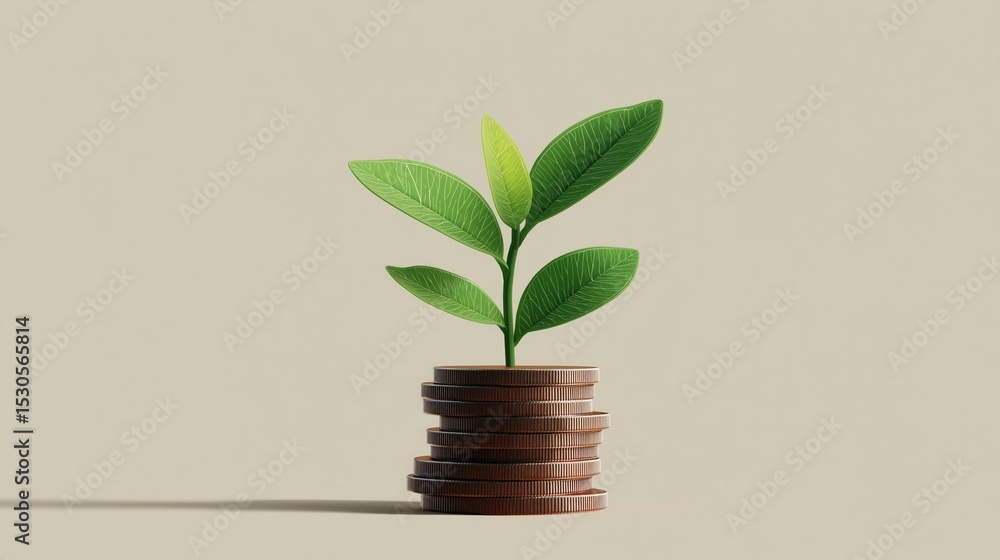 Poster small plant growing out of a stack of coins. the coins are arranged in a pyramid-like shape and are 