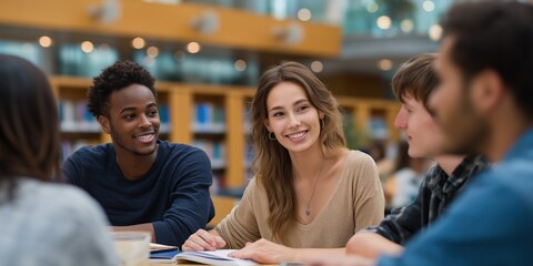 Diverse young adults engaging in collaborative study session at library