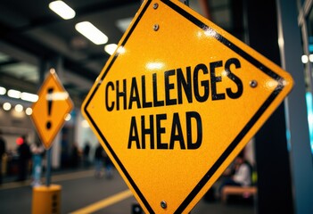 Yellow warning sign indicating challenges ahead in a busy environment
