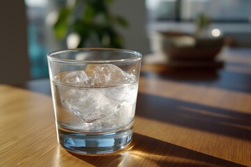 Glass of sparkling water with ice on wooden table in sunlit room