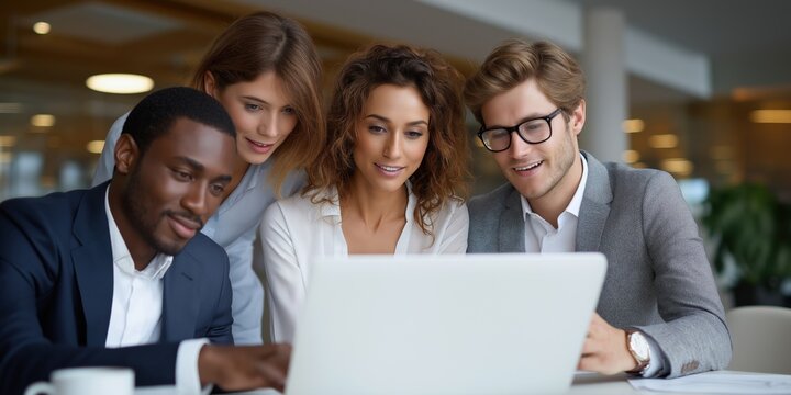 Diverse group of young professionals collaborating on laptop in modern office setting