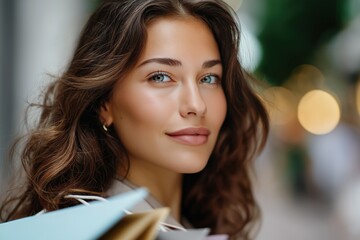 Young caucasian female shopping outdoors with long curly hair and shopping bags