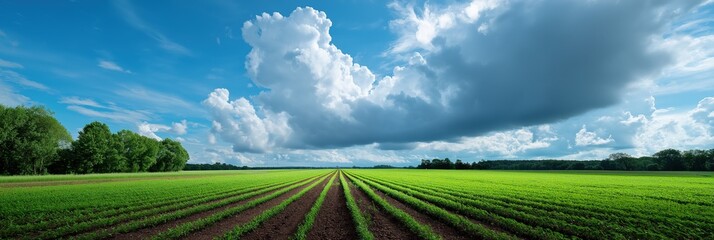 Lush green farmland under dramatic cloudy sky with trees and horizon