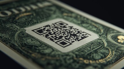 Close-up of a dollar bill with a qr code on it. the qr code is in the center of the bill and is white in color.