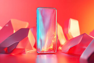 Holographic smartphone screen on red background. Blank smartphone screen.