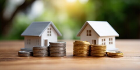 Stacks of coins and miniature houses on wooden table with blurred green background
