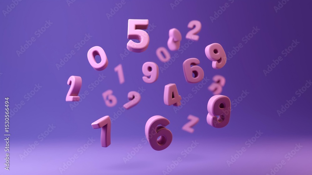 Poster group of pink numbers floating in the air against a purple background. the numbers are arranged in a