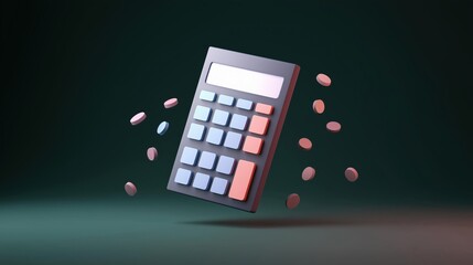 Digital illustration of a calculator. the calculator is in the center of the image and is grey in color. it has a large screen on the top and several buttons on the front panel.