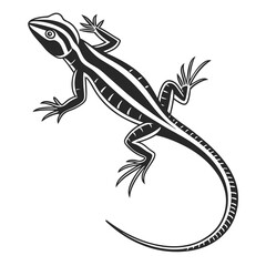 Black striped lizard spreads out its toes as it crawls in a monochrome drawing