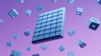 Computer keyboard in the center of a purple background. the keyboard is blue in color and has a grid-like pattern on it.