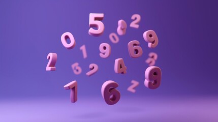 Group of pink numbers floating in the air against a purple background. the numbers are arranged in a scattered manner, with some overlapping each other.