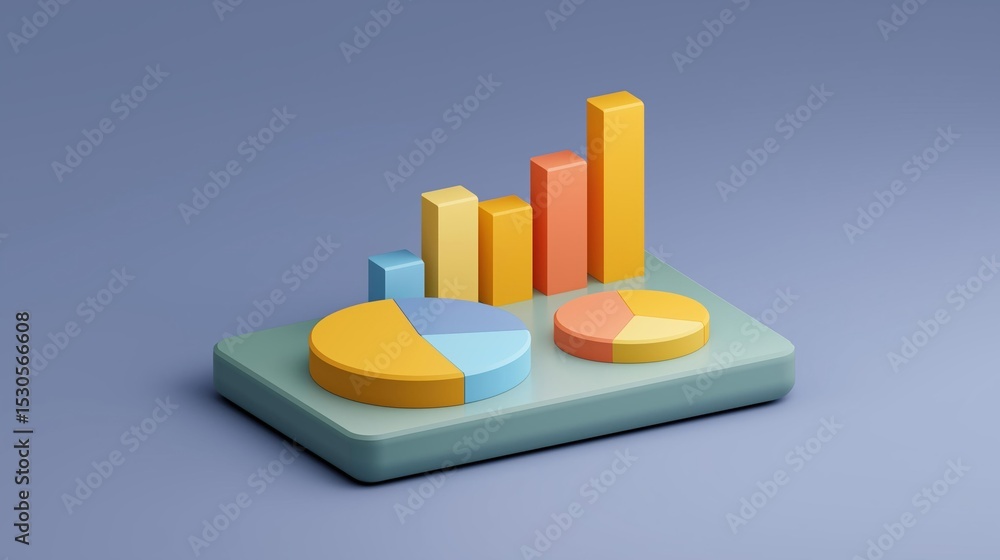 Poster 3d illustration of a bar graph on a blue background. the bar graph is made up of three sections - on