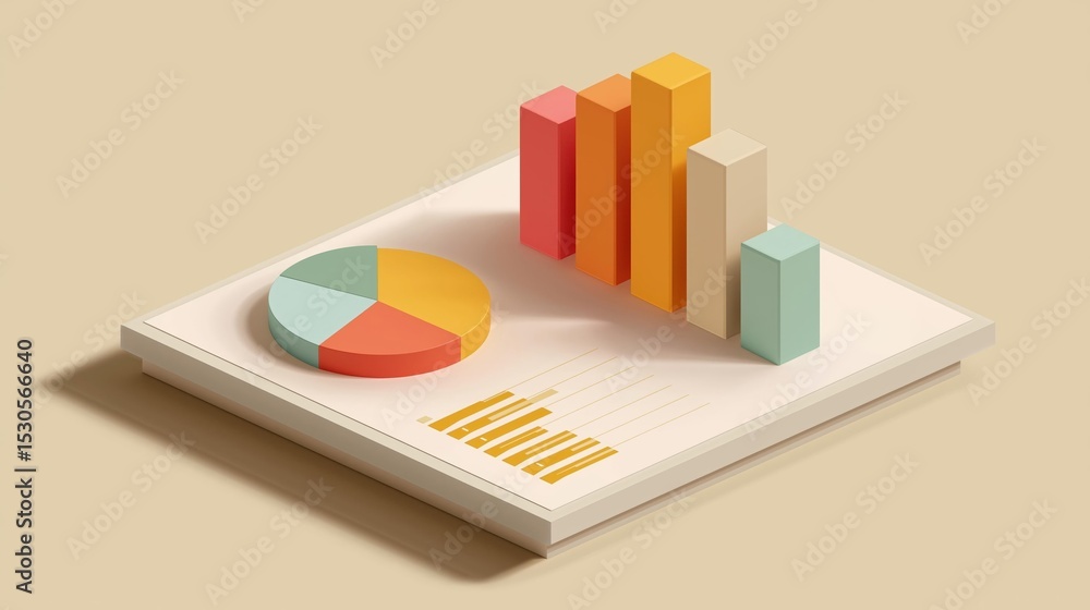 Poster 3d illustration of a bar graph and a pie chart on a white surface. the bar graph is divided into fou