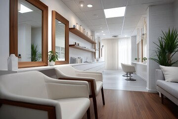 Modern hair salon interior with stylish decor and wooden accents in bright light