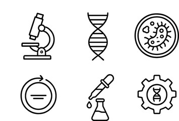Biology icons: microscope, dna, petri dish, chemistry, laboratory setup