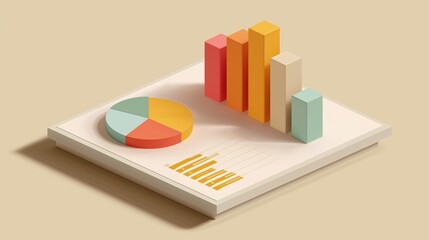 3d illustration of a bar graph and a pie chart on a white surface. the bar graph is divided into four sections, each with a different color - pink, orange, yellow, and green.