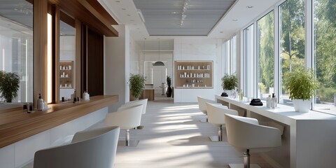 Modern luxurious hair salon interior with large windows and stylish decor