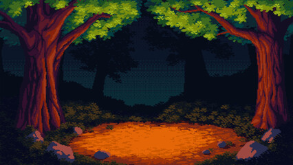 Pixel art of a dark forest with an empty glade at night. Mysterious scene with calm atmosphere - vector illustration.