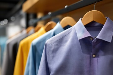 Colorful array of hanging dress shirts in modern retail closet