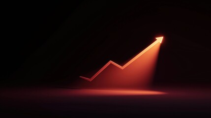 3d rendering of a red line graph with an upward arrow pointing upwards. the graph is set against a black background, and the arrow is glowing with a bright orange light.