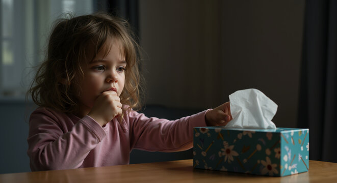 Little caucasian girl coughing, reaching for a tissue from a box on the table. Concept of sickness, allergy, and unwell ki