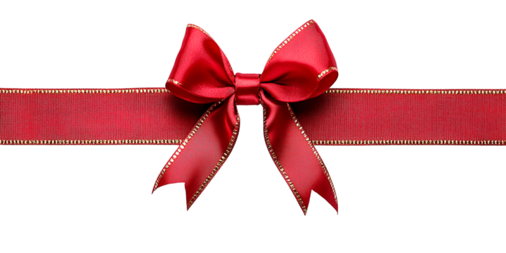 Red satin ribbon bow with gold trim, isolated, transparent background, elegant festive decoration, holiday gift wrap, present, celebration, design element,