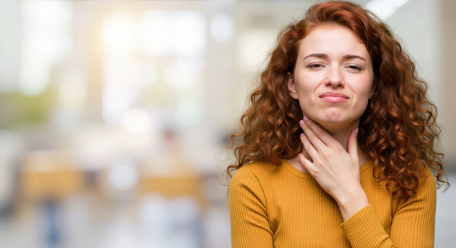Woman with curly red hair touching throat showing pain and discomfort outdoors. Sore throat symptoms and respiratory health. Medical consultation services