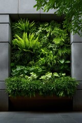 Lush vertical garden on modern concrete building wall with diverse green foliage