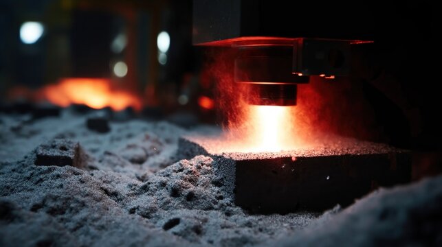 A side view of a laser sintering process in action capturing the moment the focused beam is melting metal powder into a robust component creating a dynamic contrast between solid and