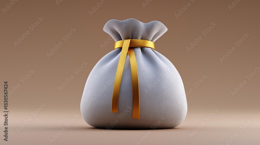 Aufkleber 3d rendering of a small, round, light grey bag with a yellow ribbon tied around it. the bag appears 