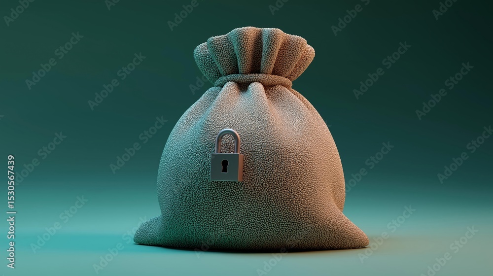 Poster 3d rendering of a small, beige-colored bag with a padlock on it. the bag appears to be made of a tex